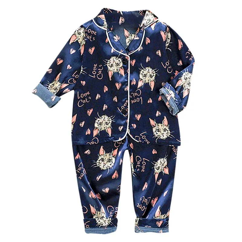

Autumn Baby Kids Girls Boys Cartoon Cat Print Soft Sleepwear Set Long Sleeve Blouse Tops+Pants Pajamas