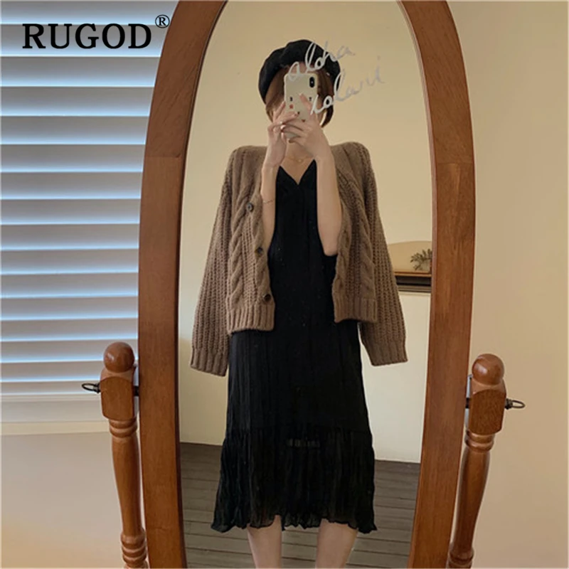 RUGOD, винтажный однотонный вязаный кардиган, свитер, женский, элегантный, однобортный, витой, осенняя, зимняя одежда для женщин,, повседневное пальто