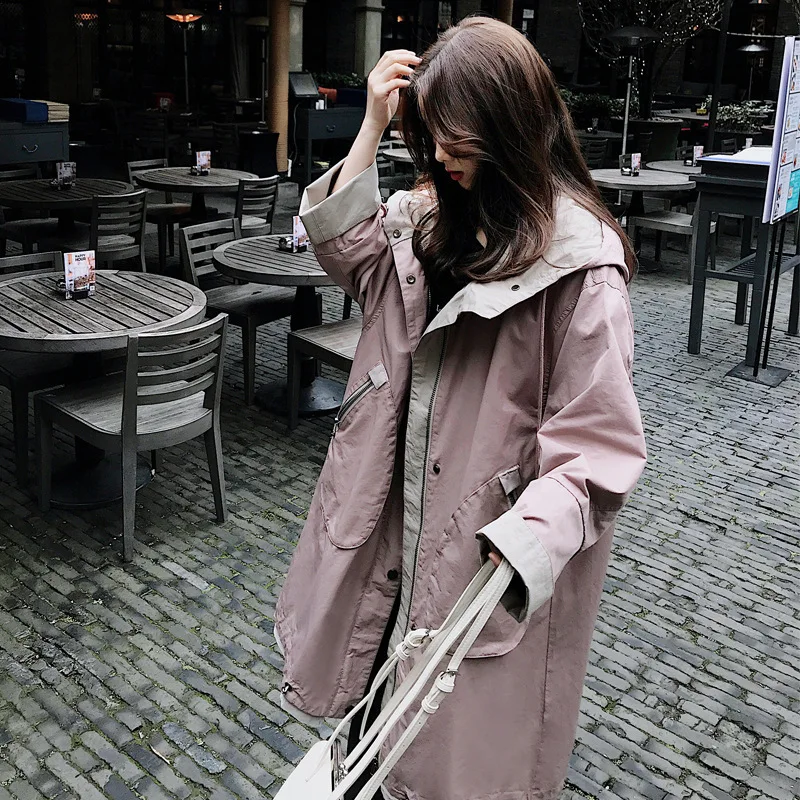 

Photo Shoot 2019 Spring And Autumn Korean-style Students Casual College Style Mid-length over-the-Knee Hooded Loose-Fit Trench C
