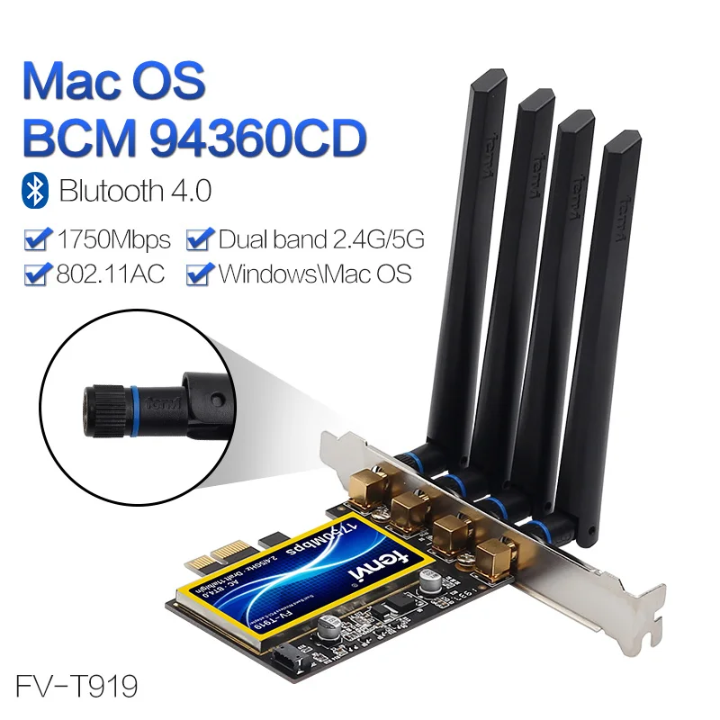 Двухдиапазонный 1750 Мбит/с FV-T919 Broadcom BCM94360CD 802.11AC wifi Настольный беспроводной PCI-E адаптер Bluetooth 4,0 для MAC OS Hackintosh