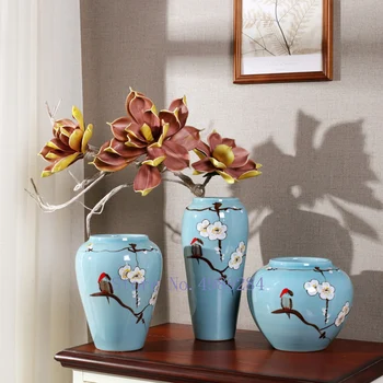 

Creative Chinese Retro ceramics vase Plum blossom bird Hand Painted blue ceramics Home Decorative ornaments flowers vases
