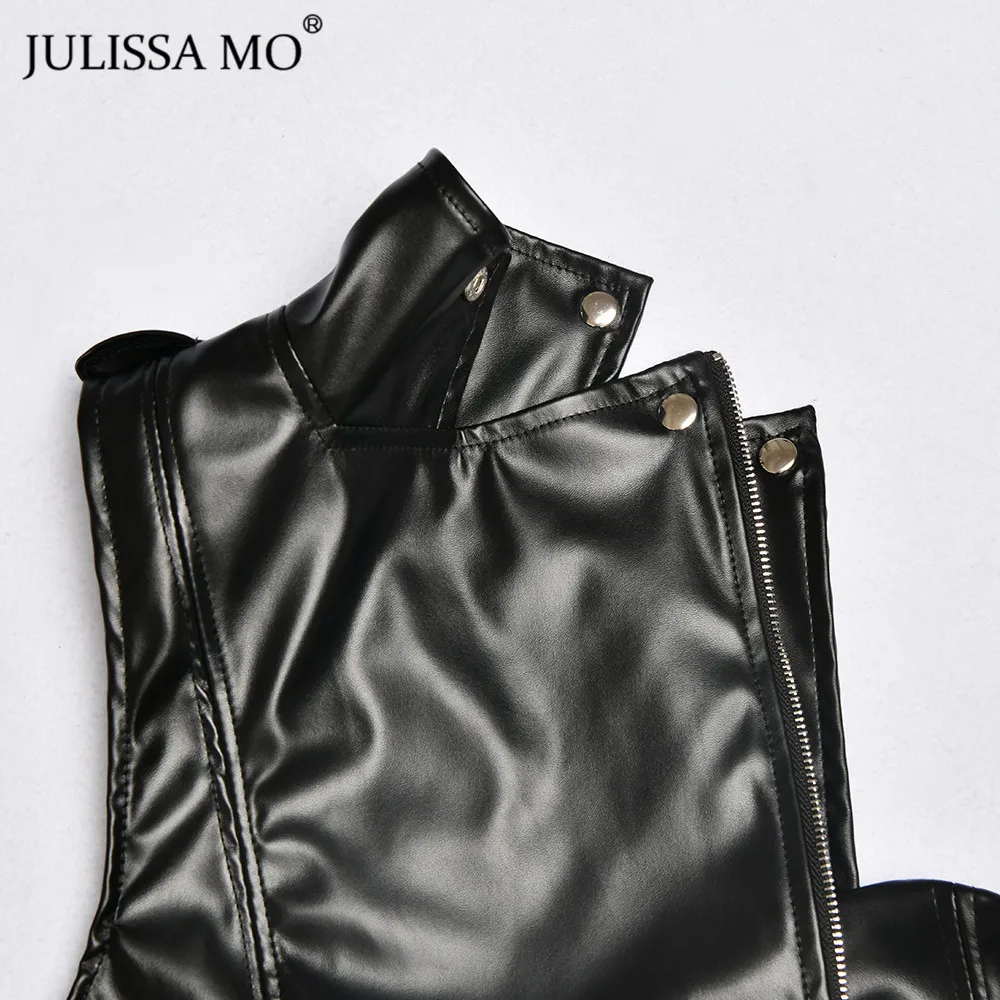 JULISSA MO Black Faur Leather PU Dress Women Sexy One Shoulder Bodycon Dress Autumn Fashion Belts MotoBiker Party Dresses Short