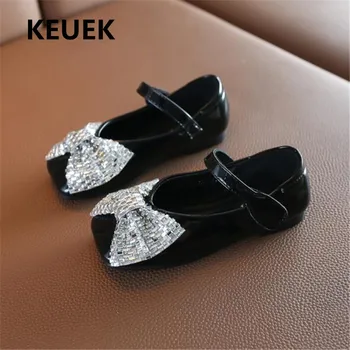 

New Children Crystal Rhinestone Bow Girls Shoes Princess Dance Flats Comfortable Moccasins Baby Kids Leather Shoes Student 04