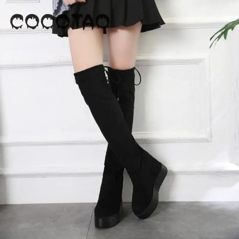 Tanie Nowy 2019 Boot do wyszczuplania nóg grube dno zwiększone buty do kolan modne buty kobieta buty damskie buty zimowe zakolanówki