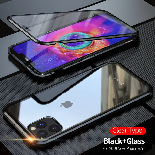 Black Металлический магнитный чехол для телефона для iPhone 11 Pro, Роскошный прозрачный чехол для iPhone 11 Pro Max 360 двусторонний чехол из закаленного стекла - Цвет: Black