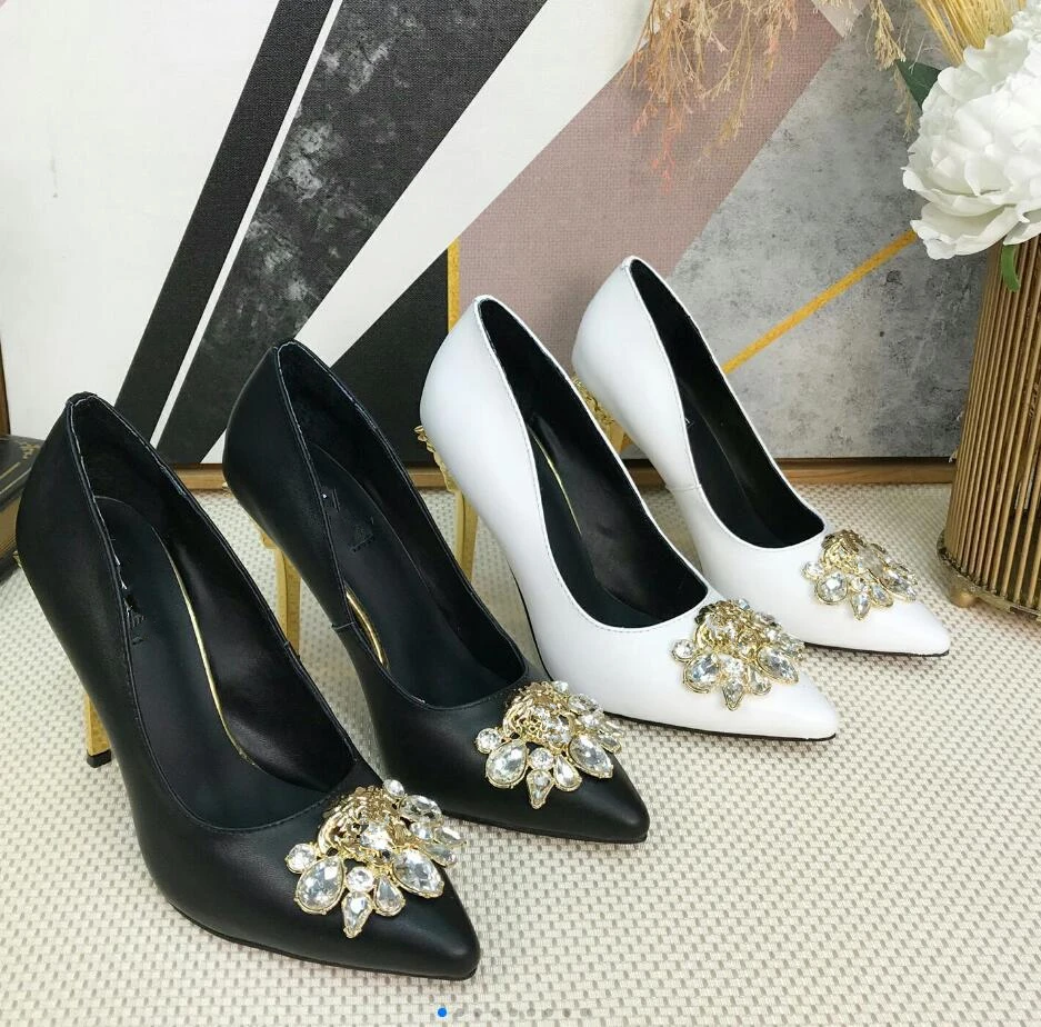 

Leather fashionable high-heeled shoes luxury 10 cm electroplated high heel reflects metal texture black and white 2 colors 35-41