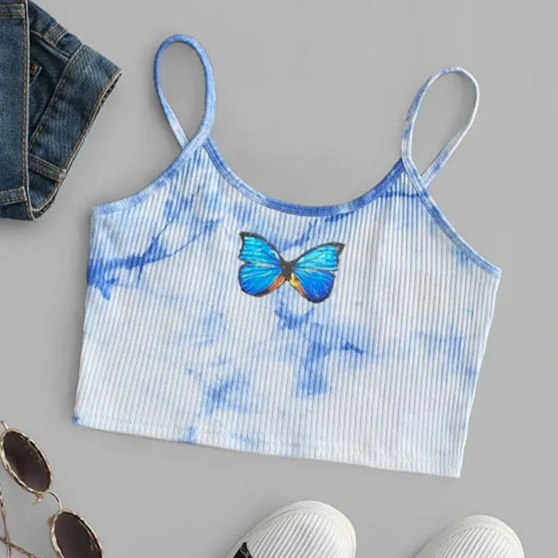 

Women Tie Dye Butterfly Print Crop Tops Camisole Vest Tops Sleeveless Fashion Summer Tie-dye Vest Tank