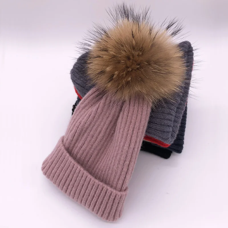 Зимняя Весенняя вязаная шерстяная шапка Skullies повседневная женская шапка натуральный помпон из лисьего меха шапки - Цвет: pink Raccoon fur