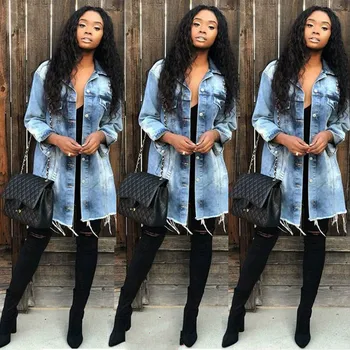 

Women's new style long slim ripped denim jacket women windbreaker