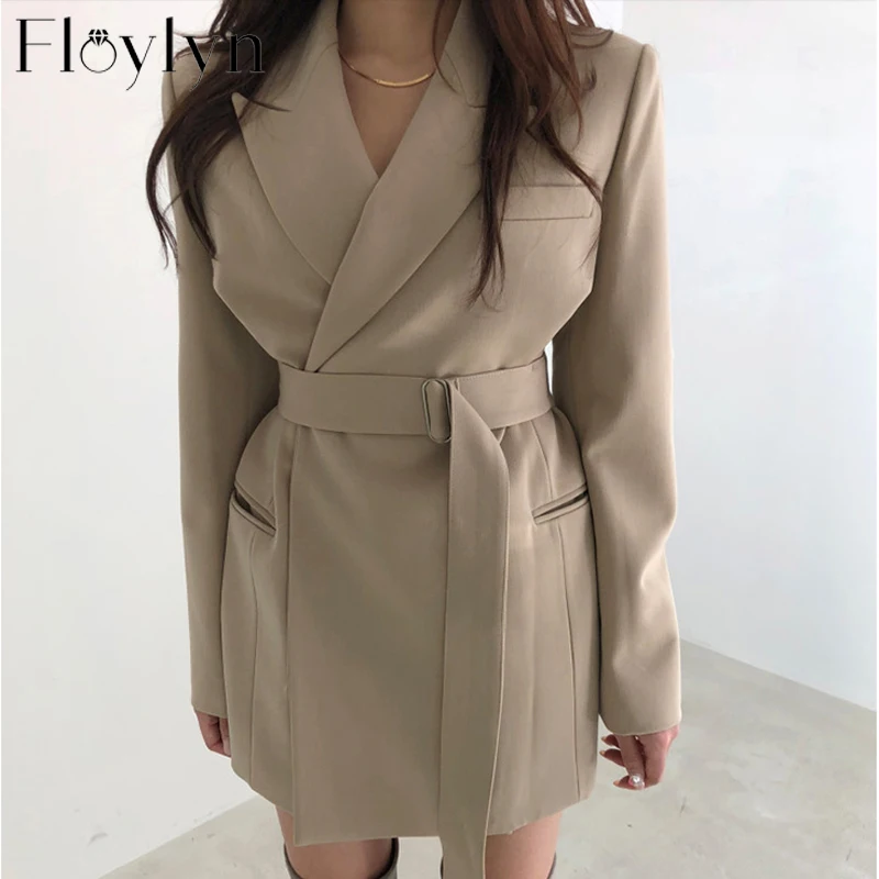 Floylyn винтажная Женская куртка на шнуровке с отложным воротником хаки Женский блейзер элегантный офисный Женский блейзер верхняя одежда