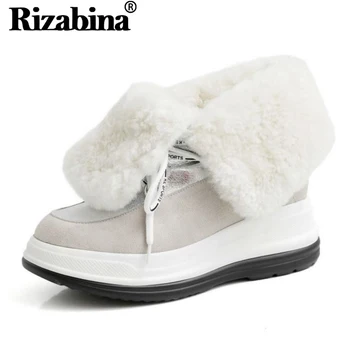 

RIZABINA Woman High Quality Winter Boots Plush Fur Real Leather Platform Work Ankle Boots Fashion Wedges Shoes Woman Size 32-43