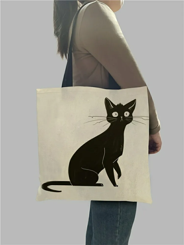Cotton Linen Eco Shopping Tote Shoulder Bag Print Colorful Cat L75 S 