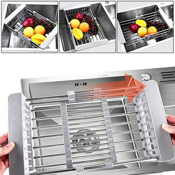 

Stainless Steel Adjustable Dish Drying Rack Telescopic Filter Basket Kitchen Sink Fruit Vegetable Tray Drainer Rack Kitchen Tool