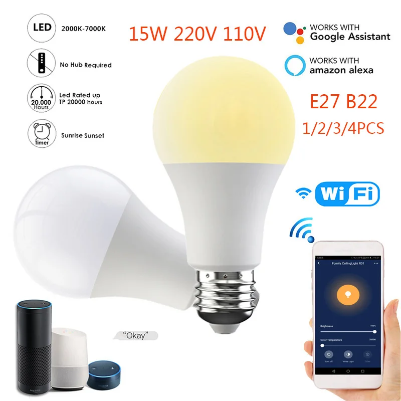 Fcmila Smart Wifi Bulb Dimming Light 15W 220V 110V Cold&ampWarm Voice Control Work With Alexa Google Home | Лампы и освещение