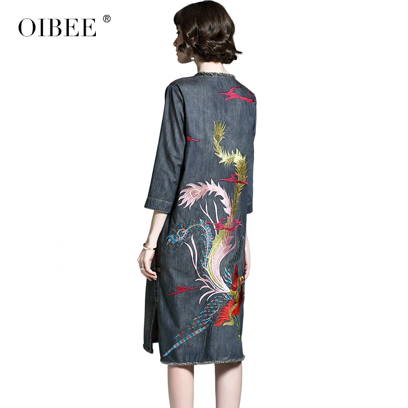 OIBEE джинсовое платье для женщин Осенняя новая юбка с вышивкой и v-образным вырезом свободная повседневная юбка средней длины