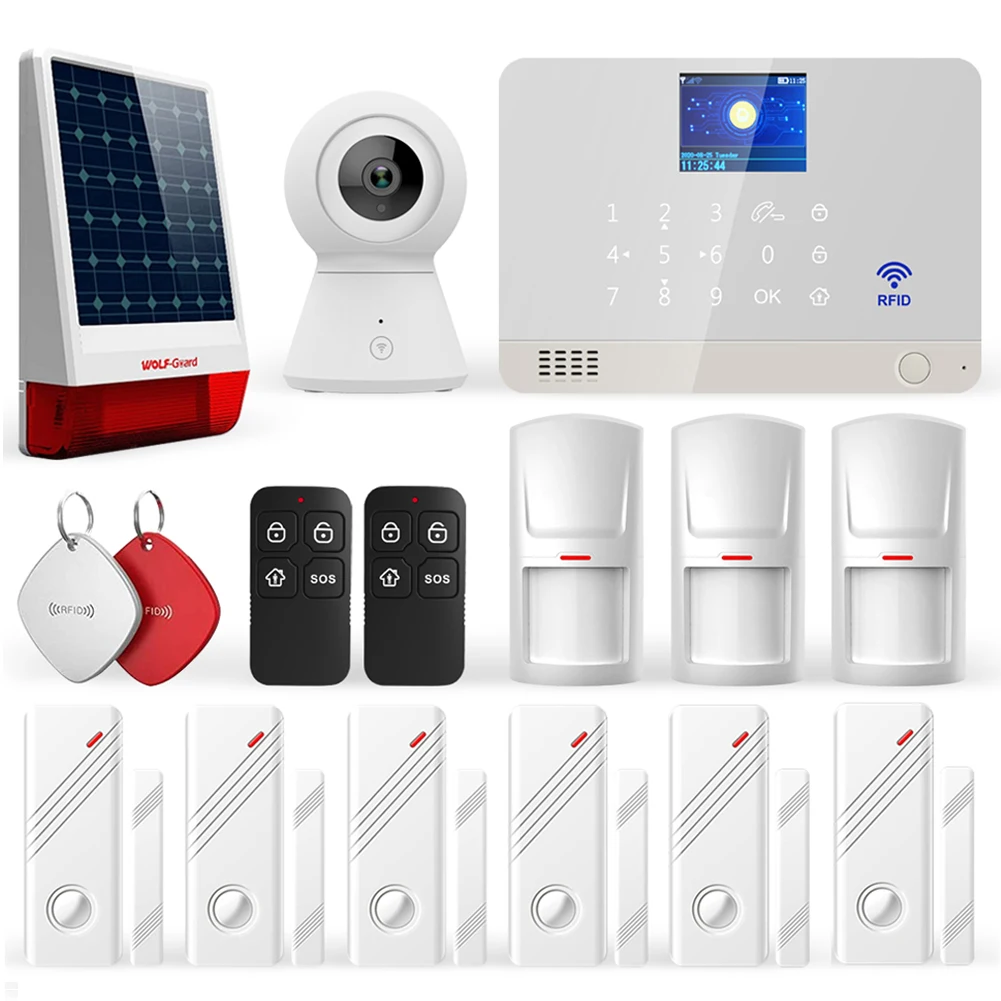 Wolf-Guard Wifi GSM LCD Home Alarm Security System TuYa APP Control 11 Languages DIY Camera Solar Siren PIR Detector Door Sensor 