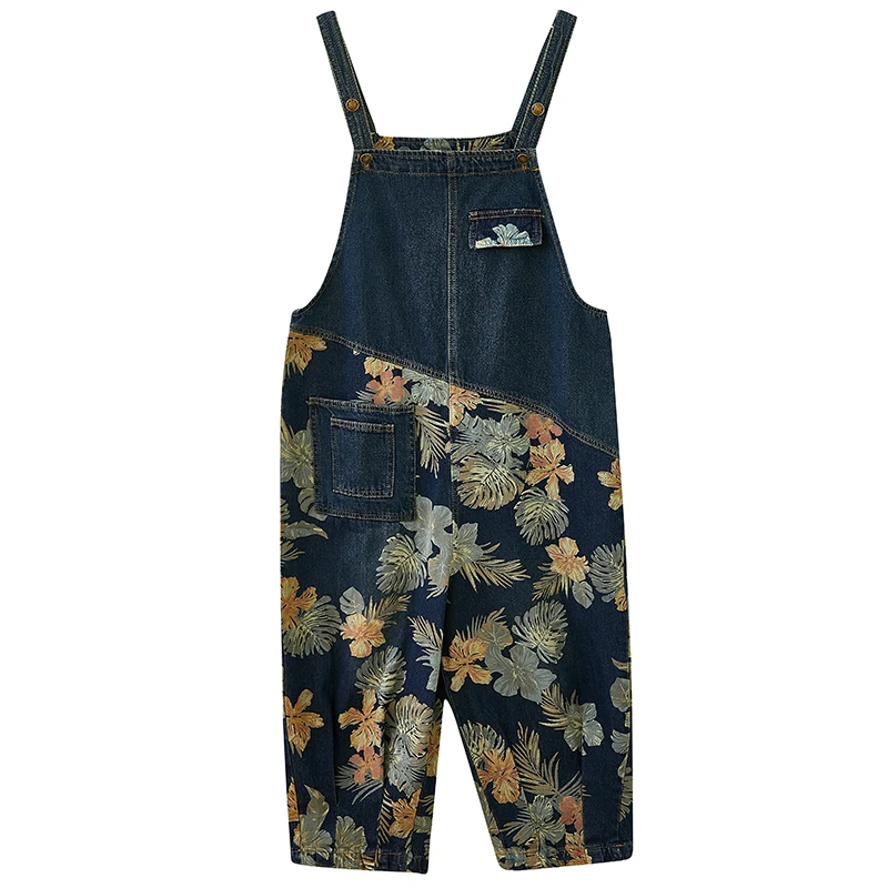 

Patchwork Print Floral Denim Overalls Blue Baggy Pants Casual Plus Size Jean Women's Jumpsuits Loose Wide Leg Mom Jeans Rompers