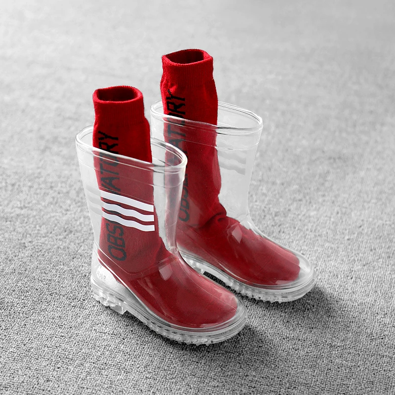 Непромокаемые сапоги для мальчиков и девочек; прозрачная непромокаемая обувь; студенческий ребенок младшего возраста младенец; непромокаемые сапоги с носками для малышей; нескользящие - Цвет: 3 rainboot and socks