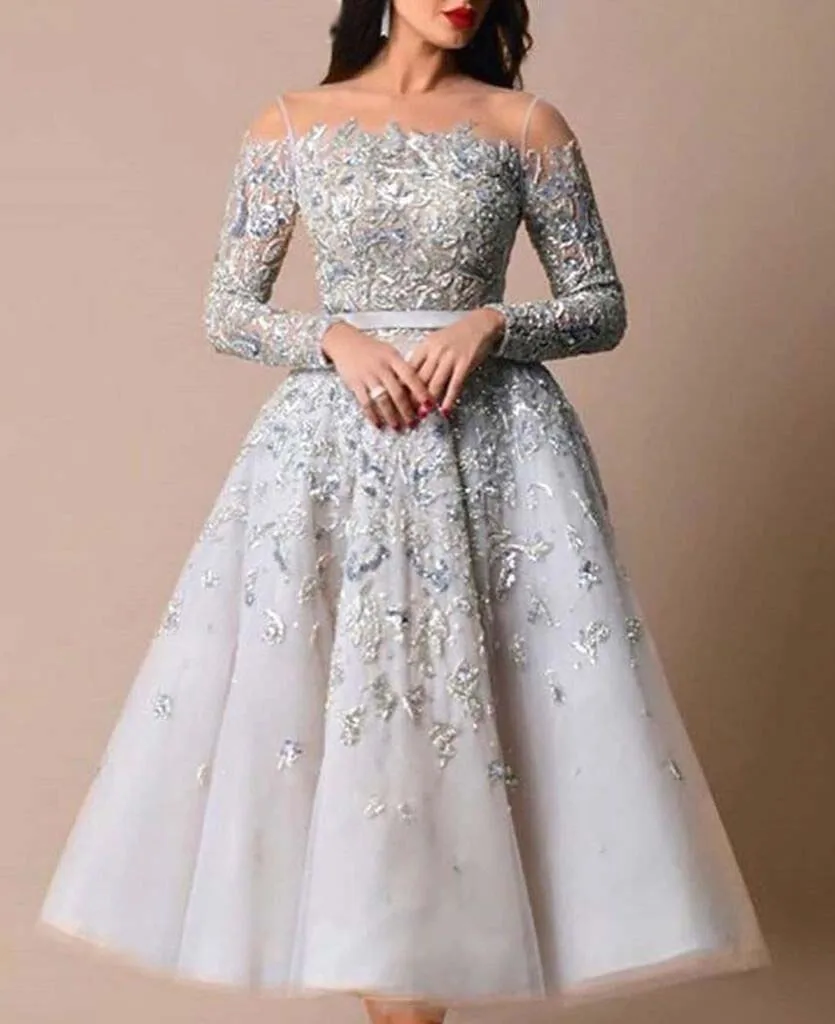 ball gown prom dresses Designer Prom Dresses Illusion O Neck Beaded Heavily Long Sleeve Tea Length Vestidos De Formature rose gold prom dress