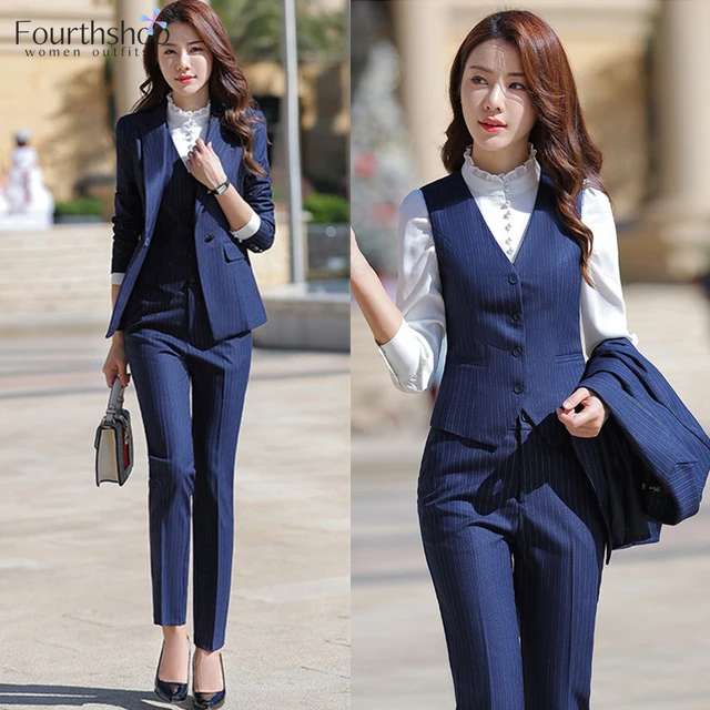 Conjunto elegante de 3 piezas para mujer, traje de pantalón Formal rayas para oficina, uniforme de trabajo de negocios, chaqueta, chaleco, pantalones, ropa - AliExpress