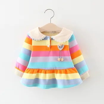 

Winter Infant Girls Thick Fleece Lapel Collar Rainbow Striped Cotton Pleated Tutu Kids Baby Dress vestido infantil