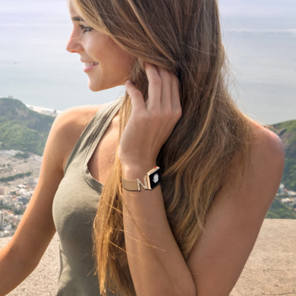 Миланский Браслет, Браслет с бриллиантами ремешок для наручных часов Apple Watch 38 мм, 42 мм, 40 мм 44 наручных часов iWatch серии 5/4/3/2 Нержавеющая сталь ремень Для женщин