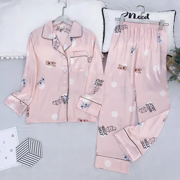 

Pajamas Suit Women Nightwear Sexy Spring Autumn Sleepwear Long Sleeve Satin Lapel Home Wear Lovely Printed Thin Pijamas Set