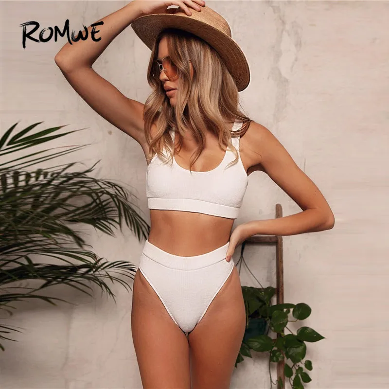 ROMWE Sporty White Rib High Waist Bikini Set Solid Swimwear Women Casual Scoop Neck Swim Suit Ladies Wireless Bathing Suit