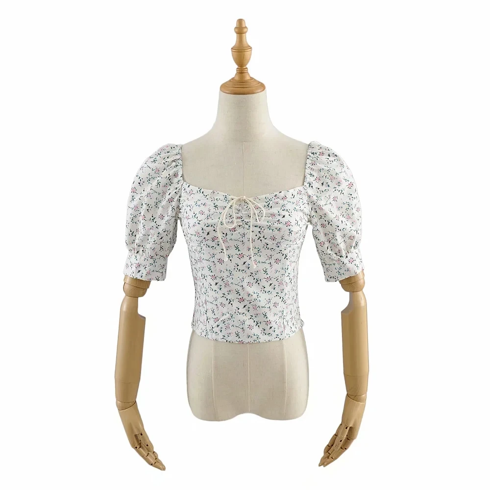 

Summer High Street Blouse Woman Slim Sexy Square Collar Front Exposed Clavicle Flower Printed Short-sleeved Top