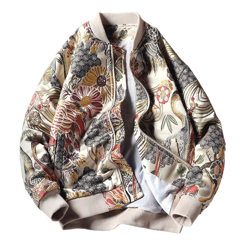 

Japan Style Floral & Crane Embroidery Men Bomber Jacket Beige Stand Collar Streetwear Varsity Baseball Coat