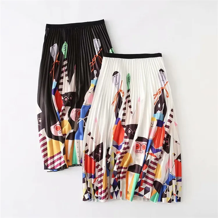 

0098-0731 WOMEN'S Dress New Style Elastic High-waisted Printed Pleated Long Skirts