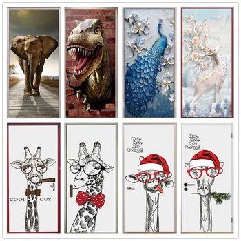 

Black White Giraffe Door Art Poster Elephant Dinosaur Animal Picture Door Cover Wallpaper Home Decor PVC Mural Paper Print Decal