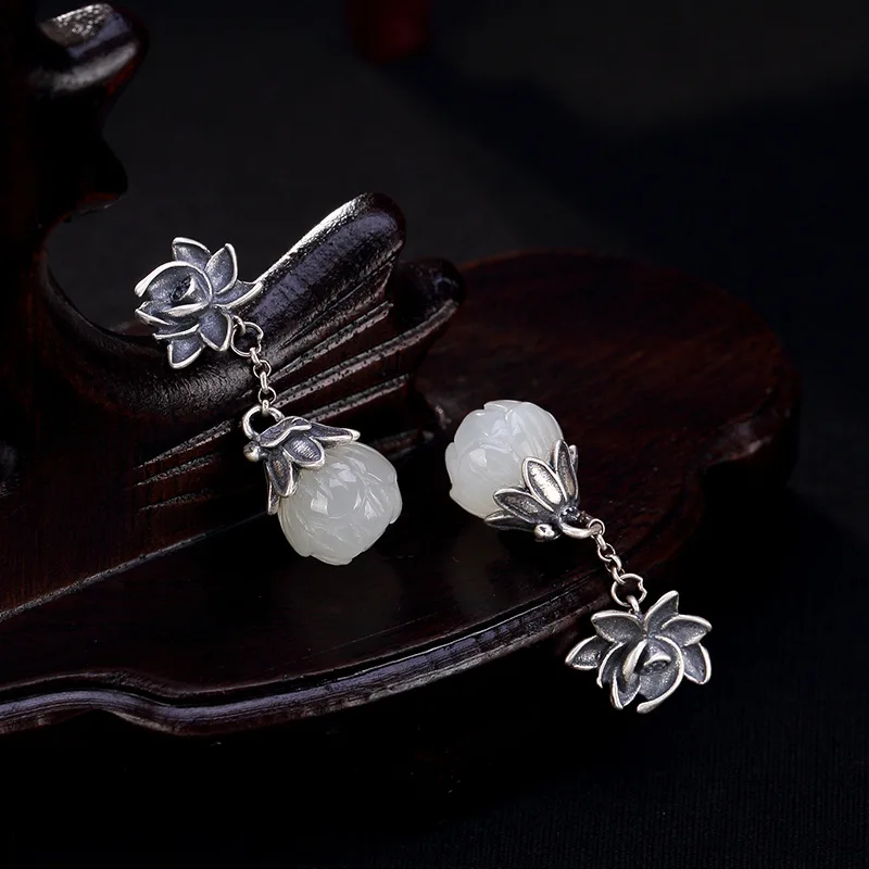 Amxiu Silber Vintage Lotus Ohrringe natürliche Jade Anhänger Ohrringe hand gefertigte Tropfen Ohrringe – Detail 3