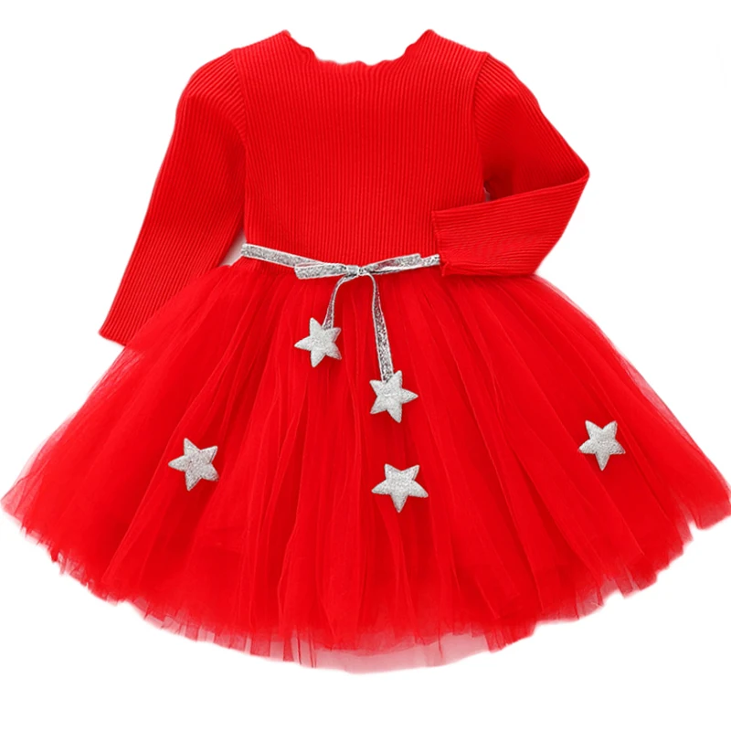 Baby Girls Spring Autumn Sweater Star Dress Infant Girl's Christmas Children Clothing Toddler Kids Dresses Clothes for 1- 6Years | Детская