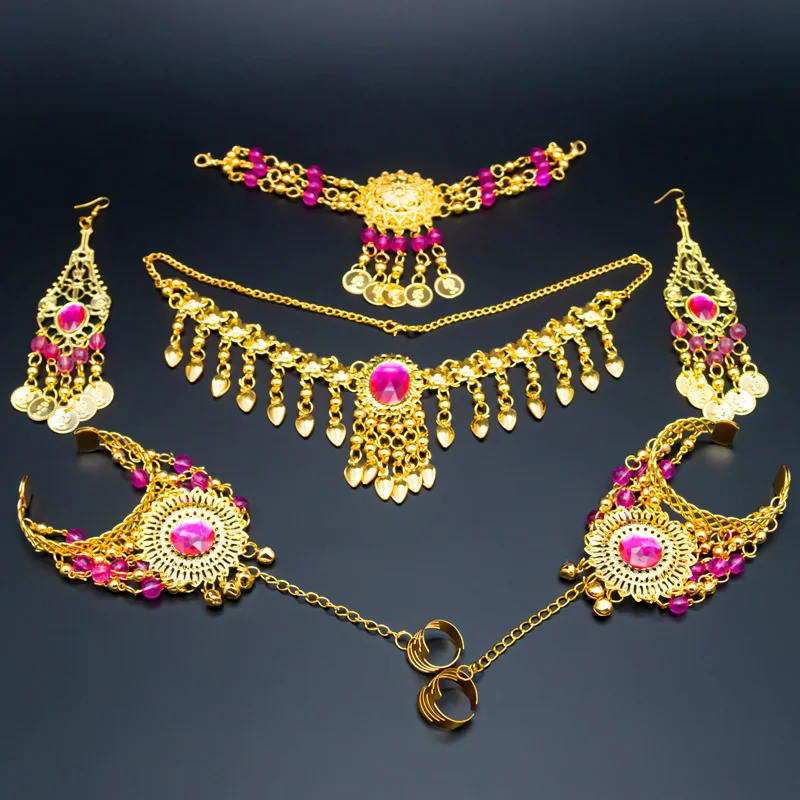 Rose-6pcs set Индийские аксессуары для танца живота набор для женщин танец живота Стразы ожерелье серьги комплект ювелирных изделий принадлежности для танца живота - Цвет: Rose-6pcs set