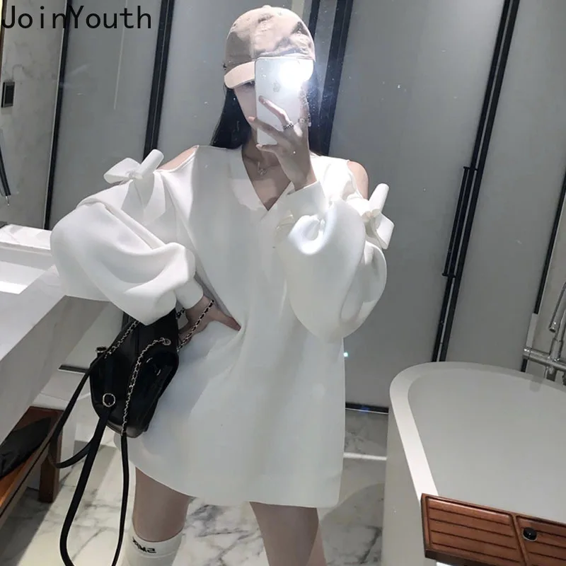 Joinyouth Harajuku Толстовка Корейская однотонная без бретелек с бантом ropa mujer Длинные свободные ретро модные толстовки Прямые Дикие 168