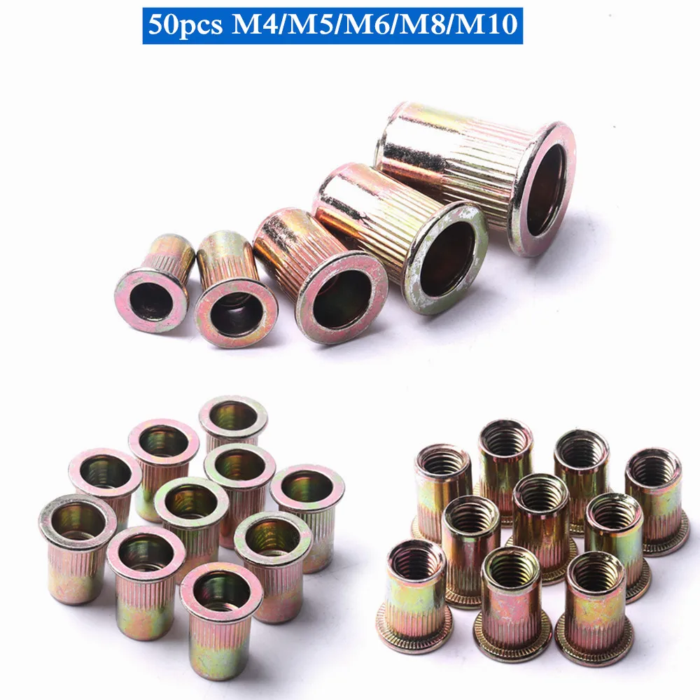 

50pcs/Lot Rivet Nut M4 M5 M6 M8 M10 Zinc Plated Carbon Steel Knurled Nuts Flat Head Threaded Rivet Insert Nutsert Cap Rivet Nut