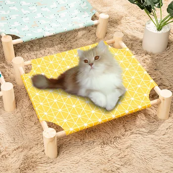 Elevated Cat Bed House Cat Hammocks Bed Wood Canvas Cat Lounge Bed for Small Rabbit Cats Dogs Durable Canvas Pet House Supplies 3