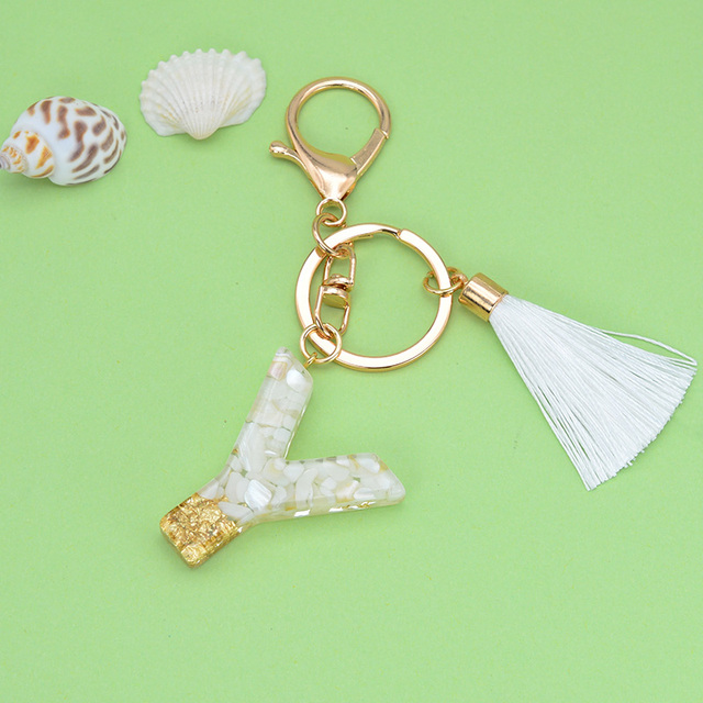 Gold Tassel Alphabet Keychain English Letter Keyring Glitter Gradient Resin Gold Leaf Crafts Car Mirror Handbag Charms