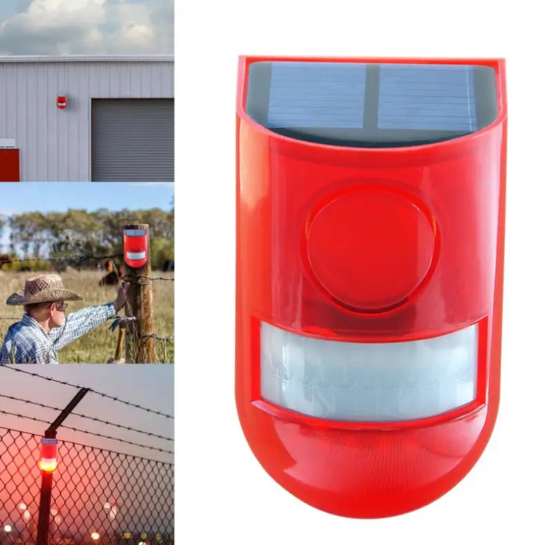 

Sound and Light PIR Motion Sensor Solar Warning Lamp 110 Degree Lateral Sensing 2 Modes Swich for Farm Factory Villas