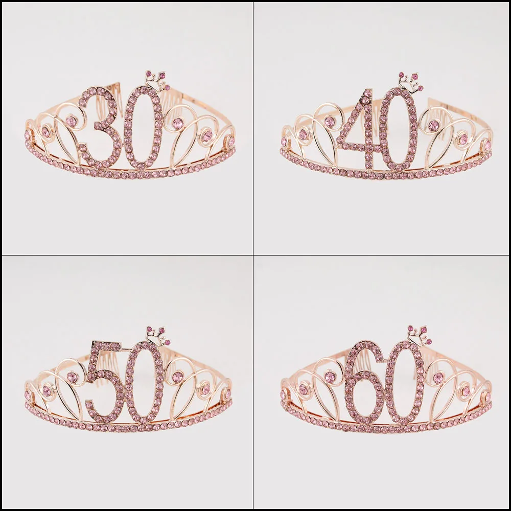 Тиара Стразы для дня рождения Женская Розовая Повязка на голову с короной днем 30 40 50 60 аксессуары украшения