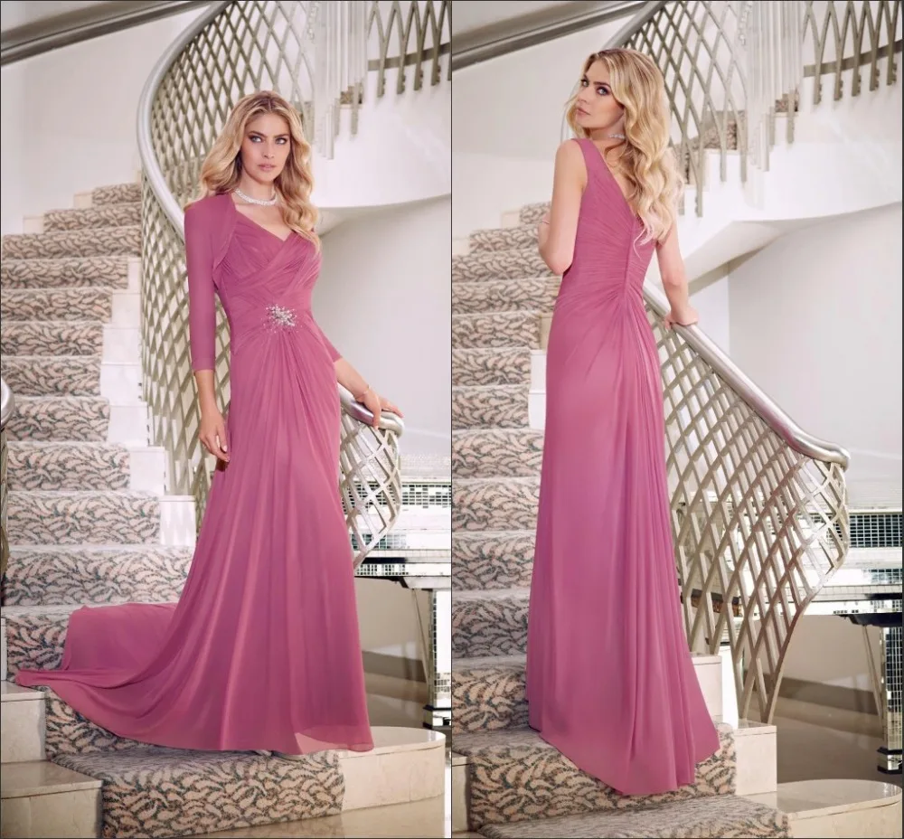 Vestido de festa de Casamento Плиссированное шифоновое ТРАПЕЦИЕВИДНОЕ длинное платье с v-образным вырезом для матери невесты с жакетом
