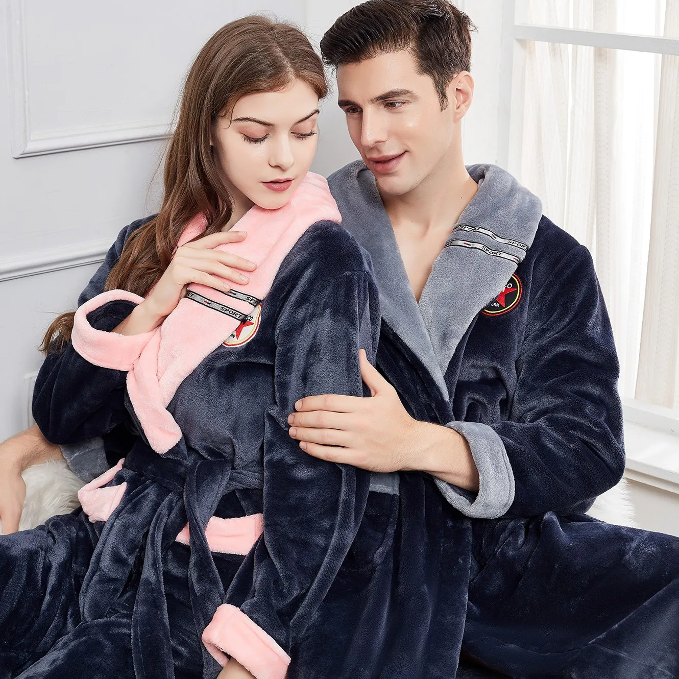 Flannel Robe Kimono Gown Couple Winter Thicken Nightwear Nightgown