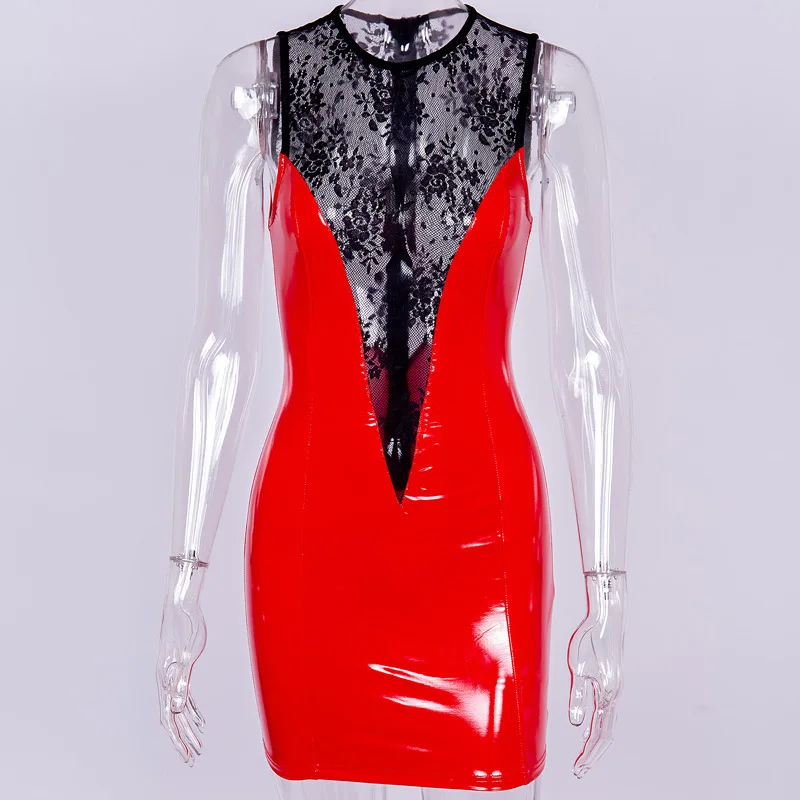 Женское платье карандаш без рукавов красное/черное облегающее из искусственной