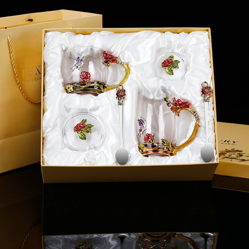 Изысканная красная роза, эмалированная кофейная чашка, кружка, Хрустальные стеклянные чашки и кружки, Высококачественная чайная чашка, посуда для напитков, подарок, пара цветных стаканов для питья