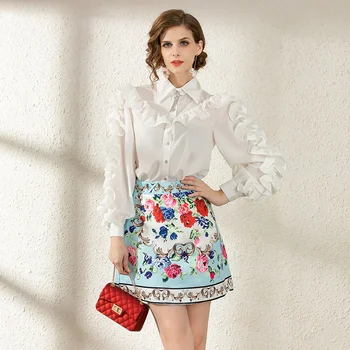 

CBAFU new spring 2 piece set ruffles beading white shirts vintage floral jacquard a-line mini skirts suit blouse women set P825