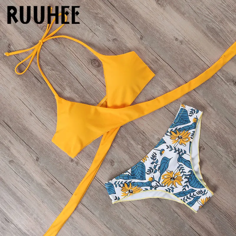 RUUHEE Бандажное бикини 2020 женский купальник с лямкой на шее из двух частей высокой