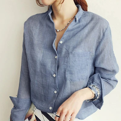 Chemisier Femme Womens Tops Fashion 2022 Summer Linen White Shirt Women Long Sleeve Blouse Korean Woman Clothes Roupas Femininas Denim Blue shirt