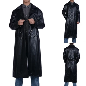 

2019 Men brand Vintage Leather Jacket Windbreaker Button Casual Motorcycle Biker Trench Coat Autumn Luxury PU Outwear Streetwear