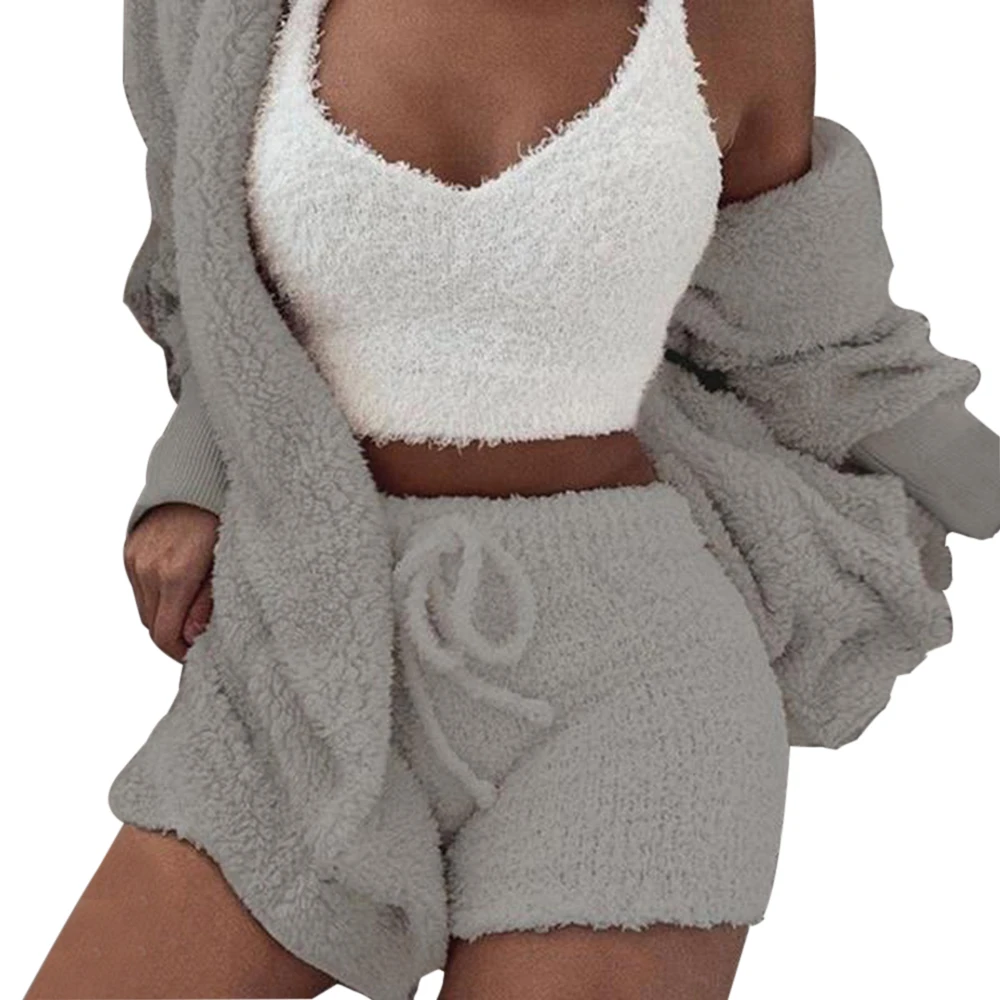 gray 3 pieces set Плюшевый женский спортивный костюм из 3 предметов, осенняя теплая Длинная толстовка, тренировочный костюм, укороченный топ и шорты, спортивный костюм для бега, Femme - Цвет: gray 3 pieces set